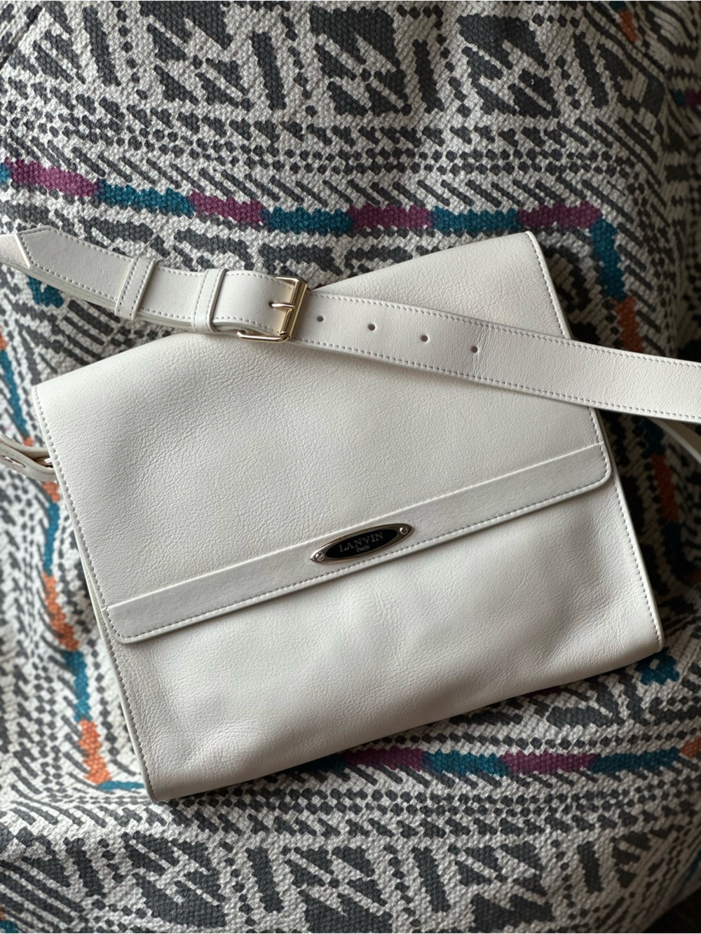 Lanvin White Soft Leather Wide Shoulder Strap Bag Flap